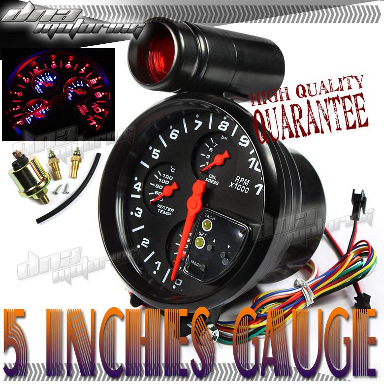 5"4-in-1 led 11k rpm tachometer oil/water pressure/temp gauge+shift light black