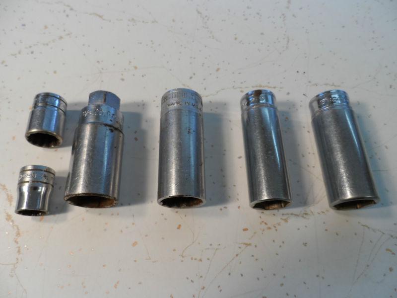 6 snap on 3/8" drive sockets -deep 17 mm, 19 mm, 3/4" & 13/16 sparkplug 716 9/16