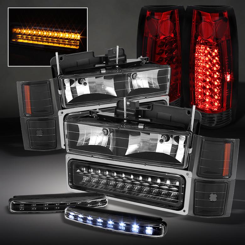 92-99 tahoe suburban black headlights + led bumper + r/s led tail lights + drl