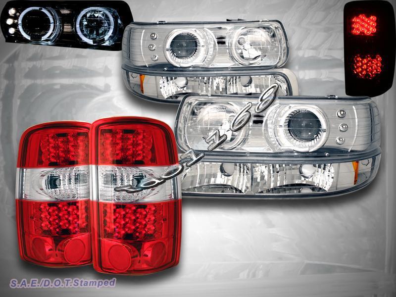 00-06 suburban tahoe twin halo projector headlights+ bumper+ tail lights red led