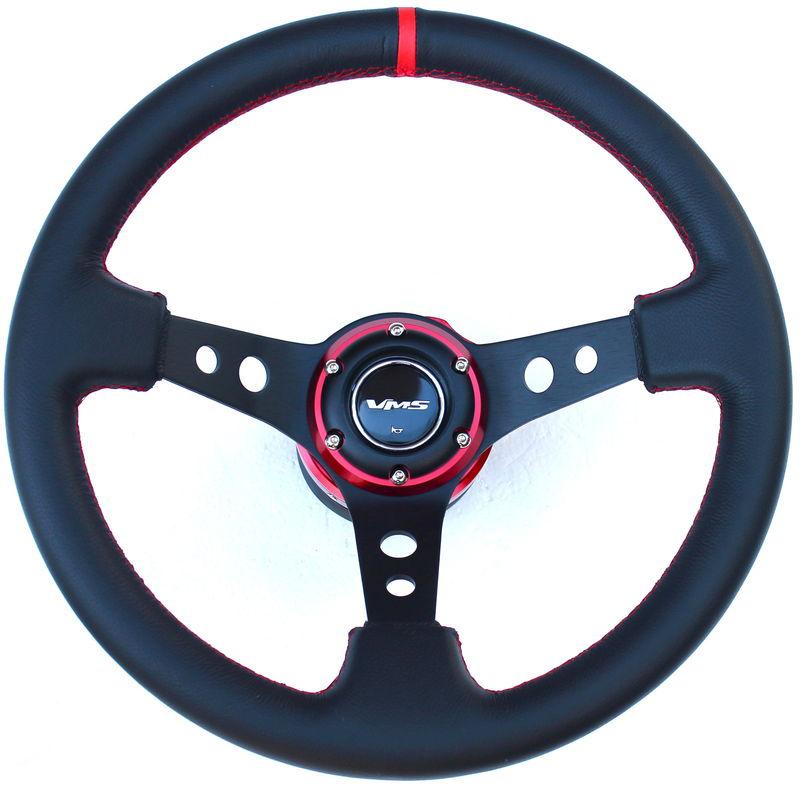 Vms steering wheel 3 deep leather red stitch universal red new edition red