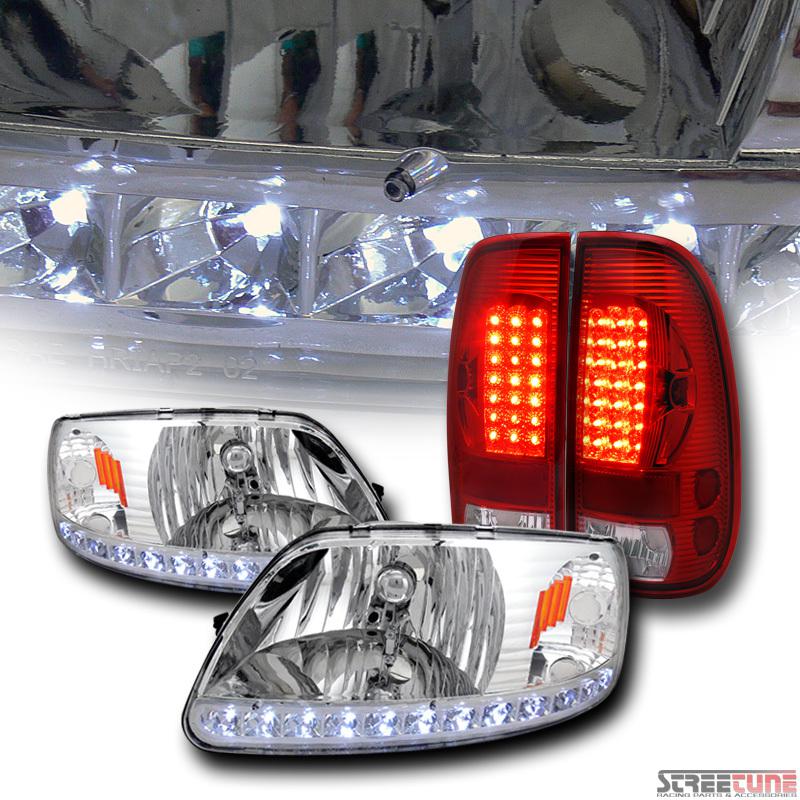 Chrome clear headlights+parking signal am aw+led taillights red 97-03 ford f150