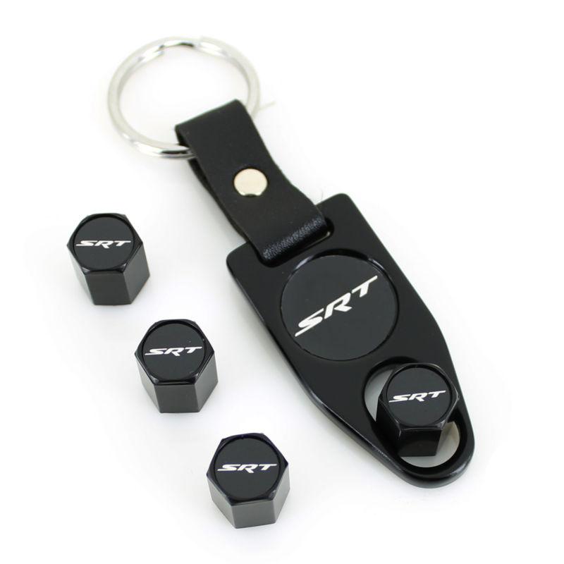 Srt logo black tire valve caps + wrench key chain