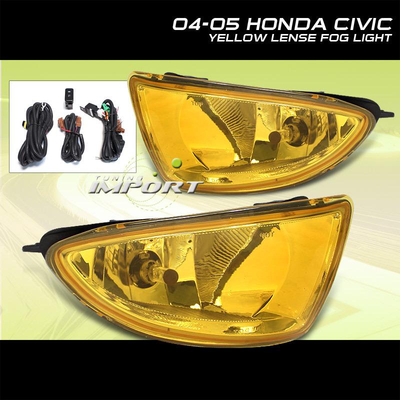 Honda 04-05 civic coupe/sedan yellow fog lights w/wiring harness kit pair lh+rh