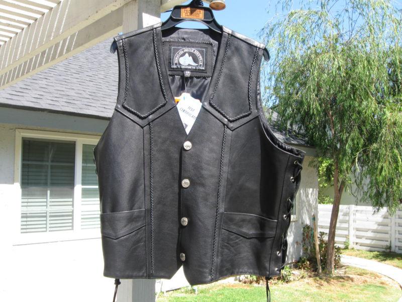 Bnwt mens black buffalo leathers motorcycle bikers vests side laces size 48