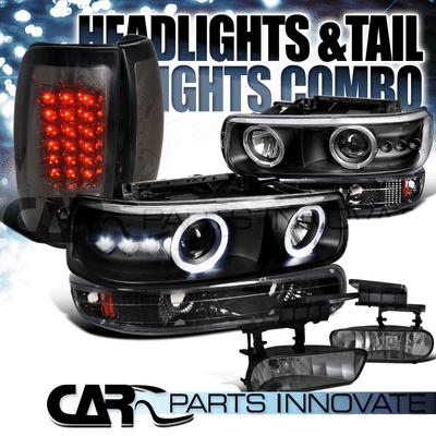 99-02 silverado black halo projector headlight+bumper+smoke fog+led tail light