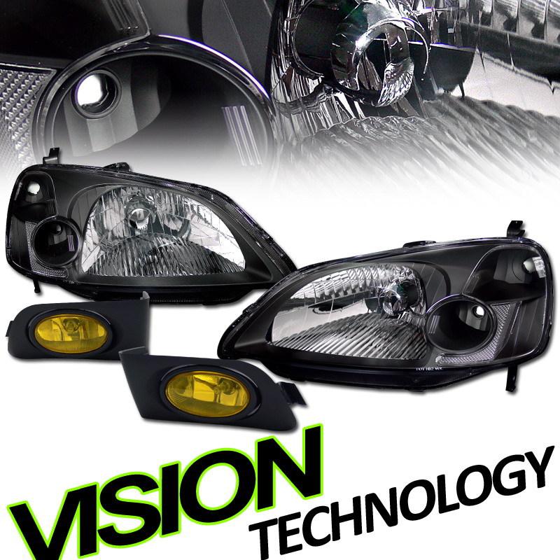 Pair 01-03 civic coupe/sedan jdm black crystal head lights+yellow lens fog lamps