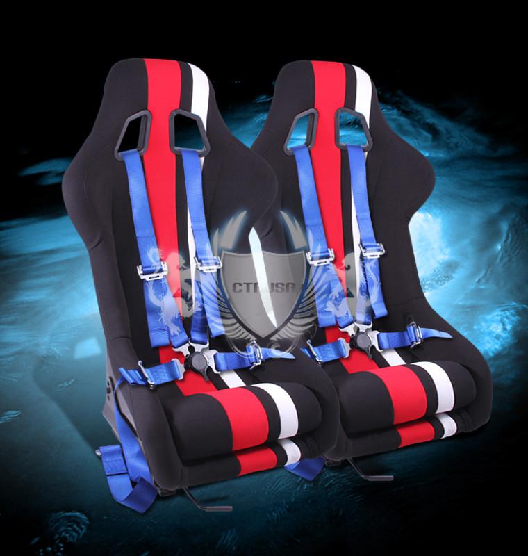 2x universal black/red white stripe fabric racing seats+4-pt blue camlock belt