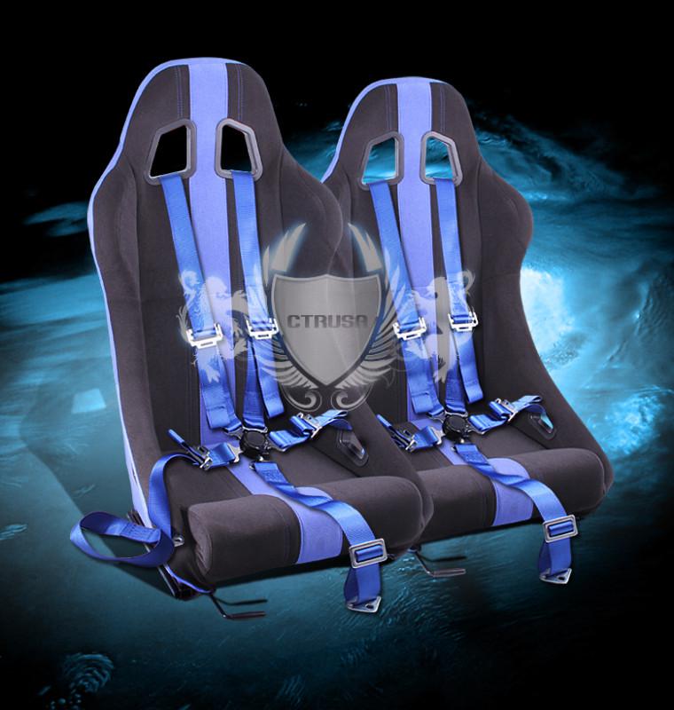 2x universal blk/blue fabric stripe racing seats+5-pt camlock harness seats