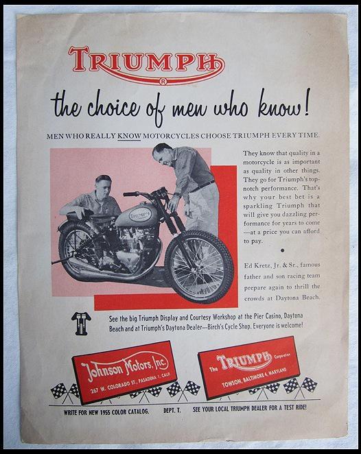 1955 triumph pre unit motorcycle brochure t100r race bike ed kretz johnson motor