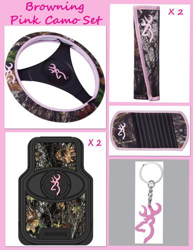 6 pcs browning pink buckmark camo floor mats keychain steering wheel cover etc