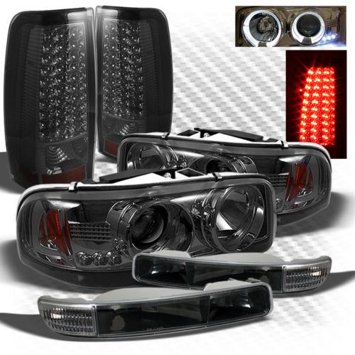 99-03 sierra smoked projector headlights w/black bumper + smoked led tail lights