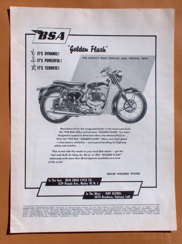 Lg236  1954 bsa golden flash single page ad, reverse features indian enfield!