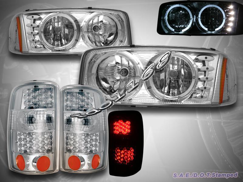 00-06 gmc yukon xl twin halo headlights chrome w/ chrome led tail lights 1500