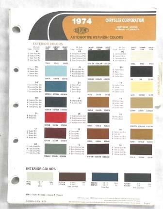 1974 chrysler dodge plymouth mopar  dupont   color paint chip chart all models 