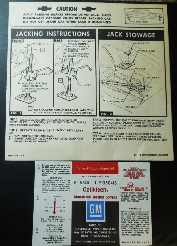 61 chevrolet optikleen window washer fluid decal,trunk jacking instruction decal