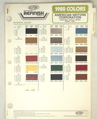 1980 amc dupont color paint chip chart eagle  jeep pacer  spirit concord