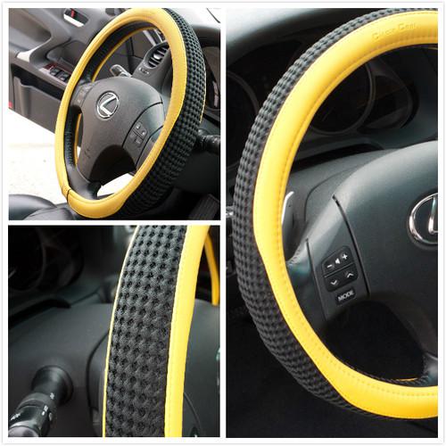 New black breathable fabric yellow pvc leather steering wheel cover 51208b