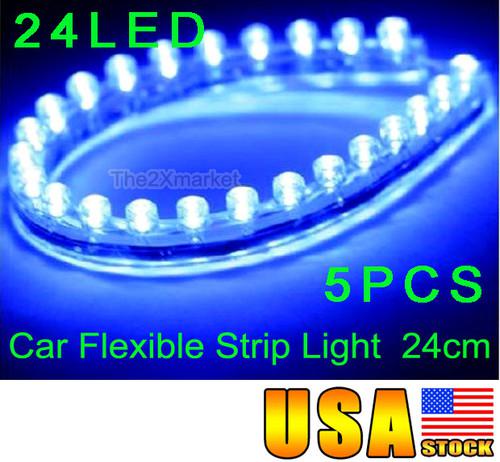 New 5pcs 24cm 12v 24led flexible strip blue light waterproof lamps for car bulbs