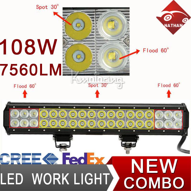 17inch 108w cree led spot flood work light driving offroad pickup cab 12v 24v