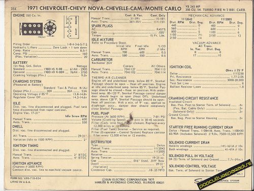 1971 chevrolet nova/chevelle/camaro 350 ci 245 hp car sun electronic spec sheet