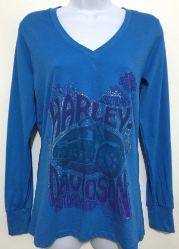 Harley davidson blue v-neck long sleeve shirt womens sz large sandusky ohio