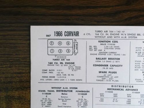 1966 chevrolet corvair six series 140 hp turbo air 164 ci 4x1bbl tune up chart