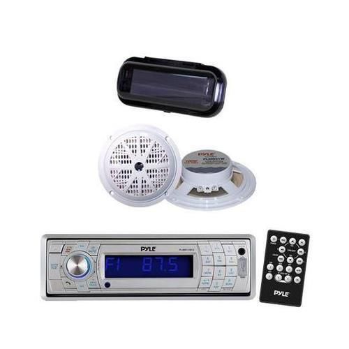 New silver in dash marine boat cd sd usb receiver + bluetooth 2 speakers /cover