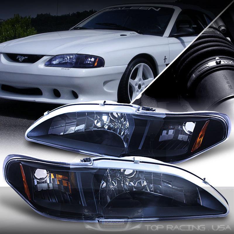 Black crystal style 2 in 1 design headlights + corner for ford mustang 94-98