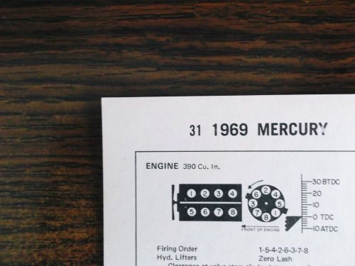 1969 mercury premium fuel 280 hp 390 ci v8 2bbl sun tune up chart great shape!