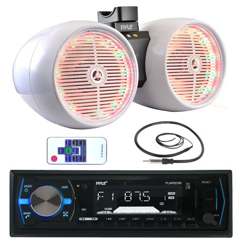 White 8&#034; marine led tower speakers, bluetooth pyle usb aux am fm radio, antenna