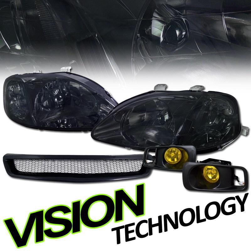 99-00 civic coupe/hatchback/sedan smoke headlights+yellow lens fog lights+grille