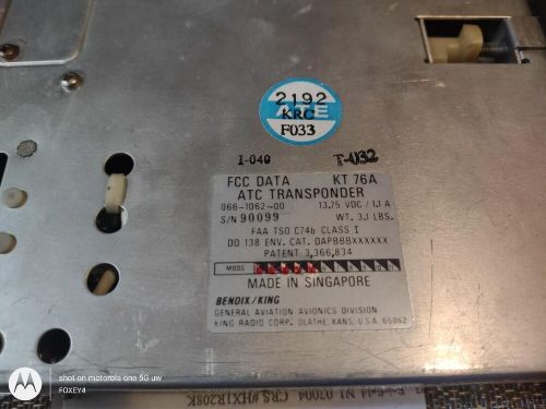 Bendix king kt 76a transponder p/n 066-1062-00 tested w/faa 8130-3 yellow tagged