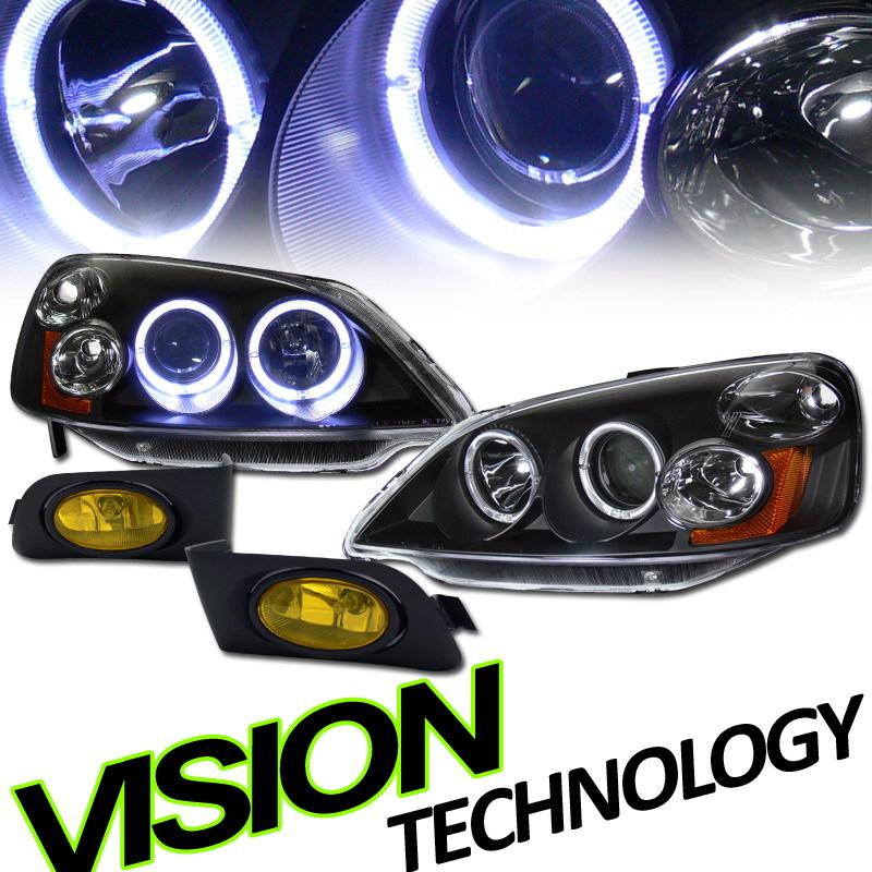 2001-2003 honda civic 2d/4d blk dual halo projector headlights+yellow fog lights