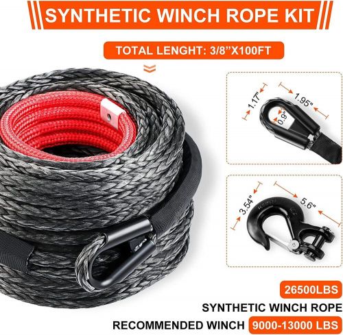 3/8&#034;x100ft 26500lbs synthetic winch rope winch line cable &amp; winch hook for atv