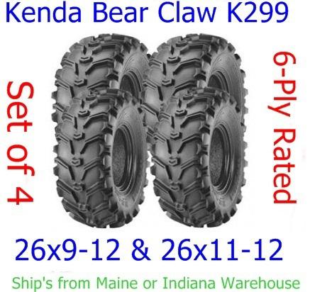 26x9-12 & 26x11-12 kenda bear claw k299 atv tires set of 4