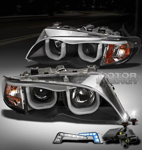 2002-2005 bmw e46 3-series 4dr black projector head light+blue 3d drl led+6k hid