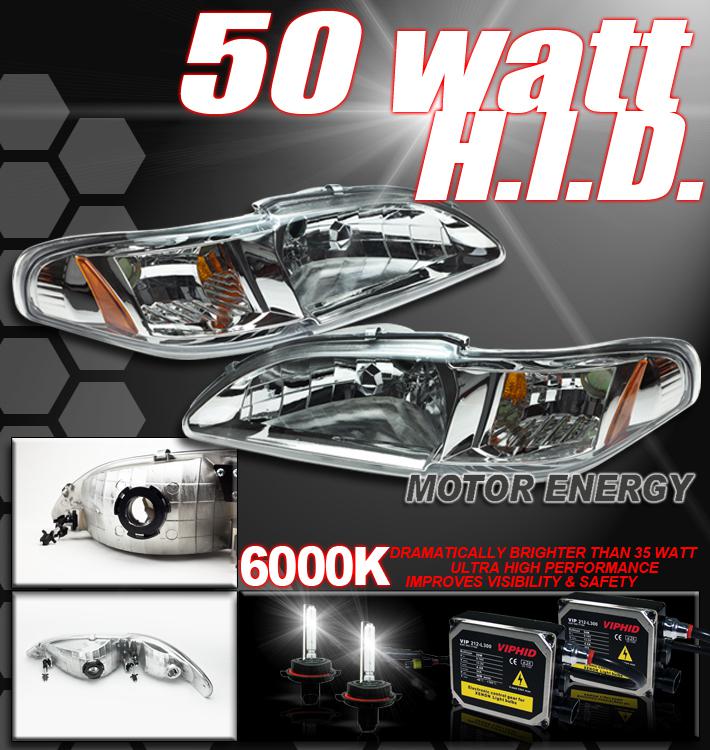 94-98 ford mustang crystal head lights+8000k hid chrome