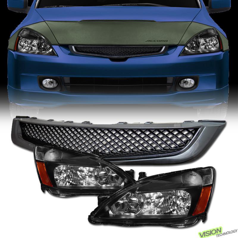 Jdm blk housing clear lens headlights w/ amber+abs mesh grill 03-05 accord sedan