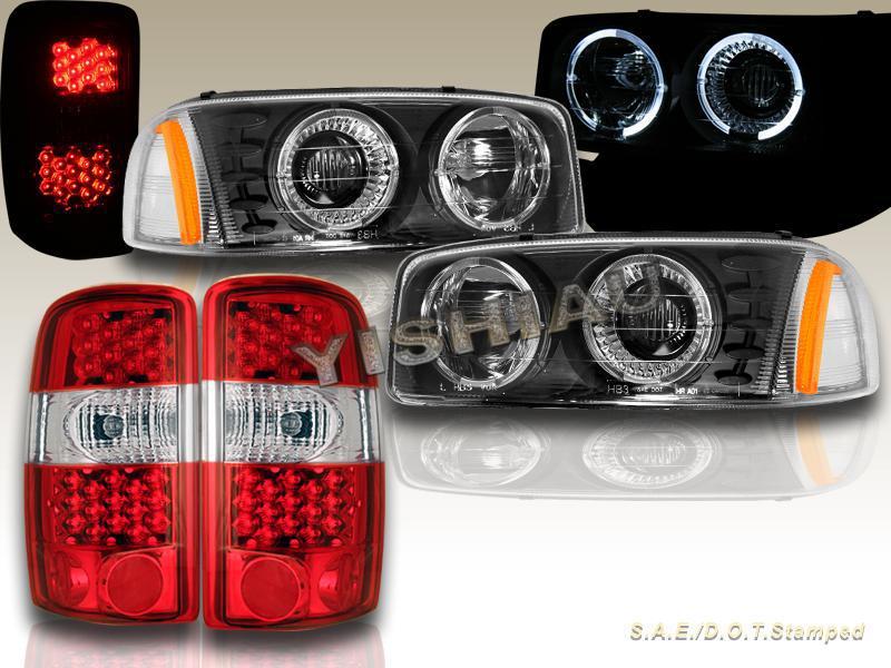 00-06 gmc denali / yukon xl halo projector blk headlights + red led tail lights