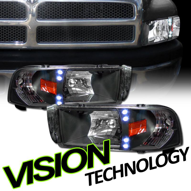 1-piece built-in corner lights design 94-02 ram pickup/truck blk led headlights