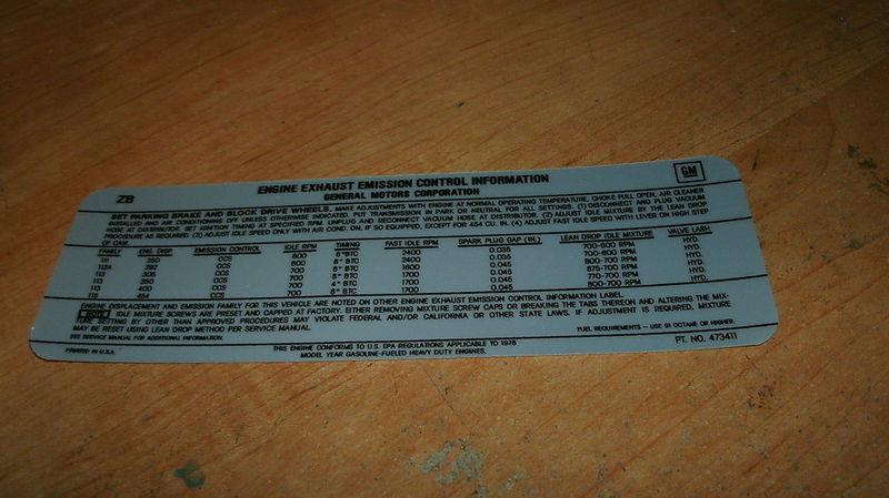 1978 chevrolet trucks truck 250 292 305 350 400 454 engine emissions decal