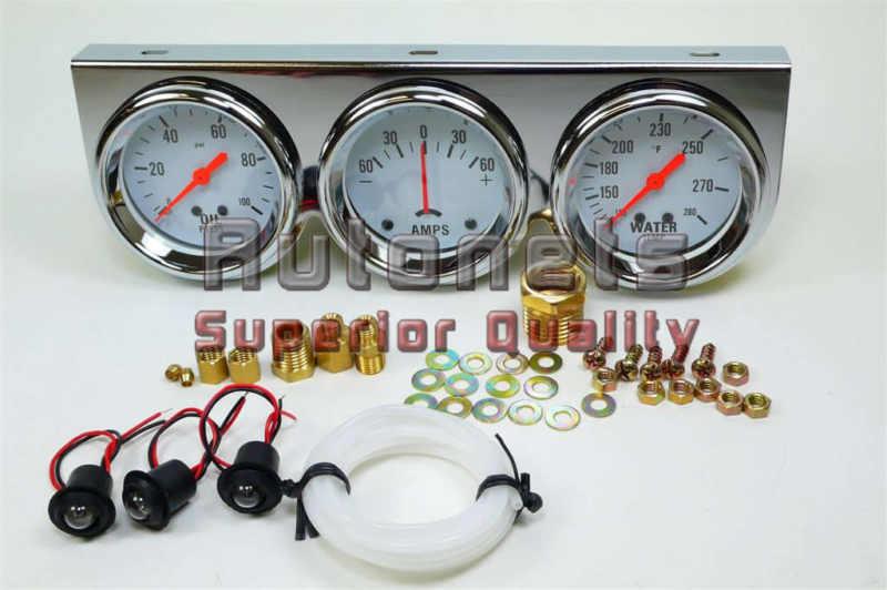 Chrome steel triple gauge kit oil pressure ammeter water temperature mechancial