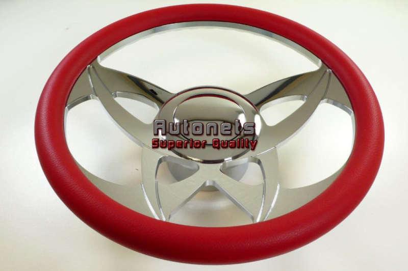 Red leather ninja  chevy gm chrome aluminum steering wheel horn button