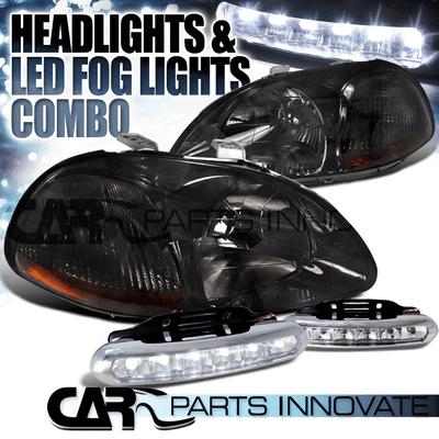 1996-1998 honda civic ex lx dx jdm smoke headlights+led fog bumper drl