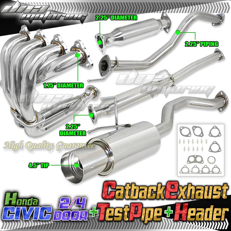 92-00 civic 2/4-door full exhaust kit cat back+header+exhaust pipe eg ek em jdm 