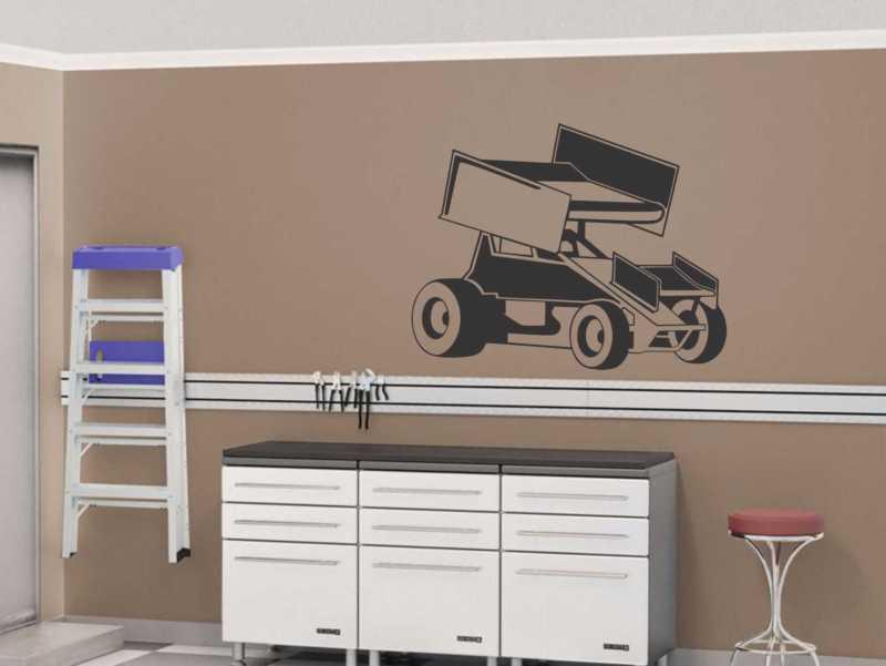 Sprint car vinyl wall decal - large world of outlaws dirt mural garage room