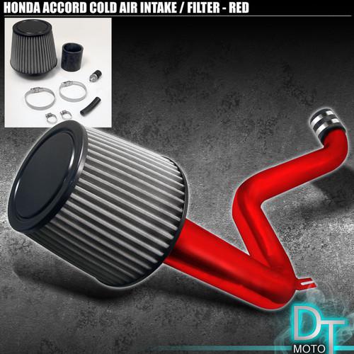 Stainless washable cone filter + cold air intake 90-93 honda accord red aluminum