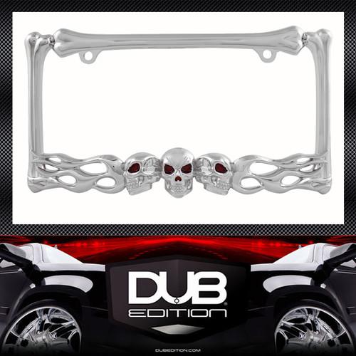 Skull bone flame chrome license plate framemini bettle rock rocker metal 