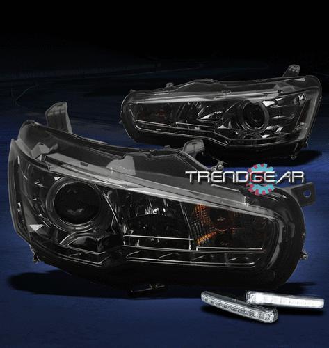 08-12 mitsubishi lancer evo x halo led smoke projector head light+drl kit bumper